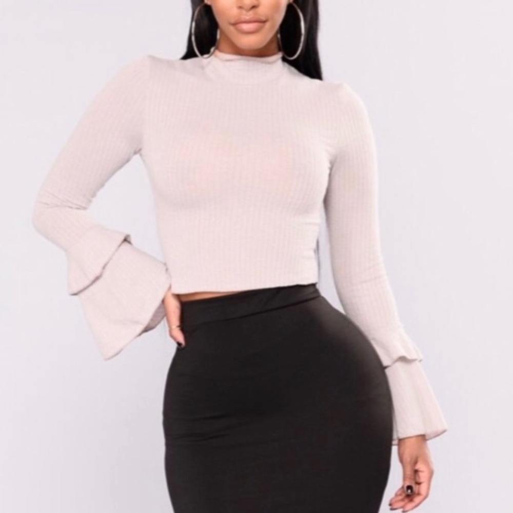Fashion Nova Ribbed Mock Neck Bell Sleeve Blouse
